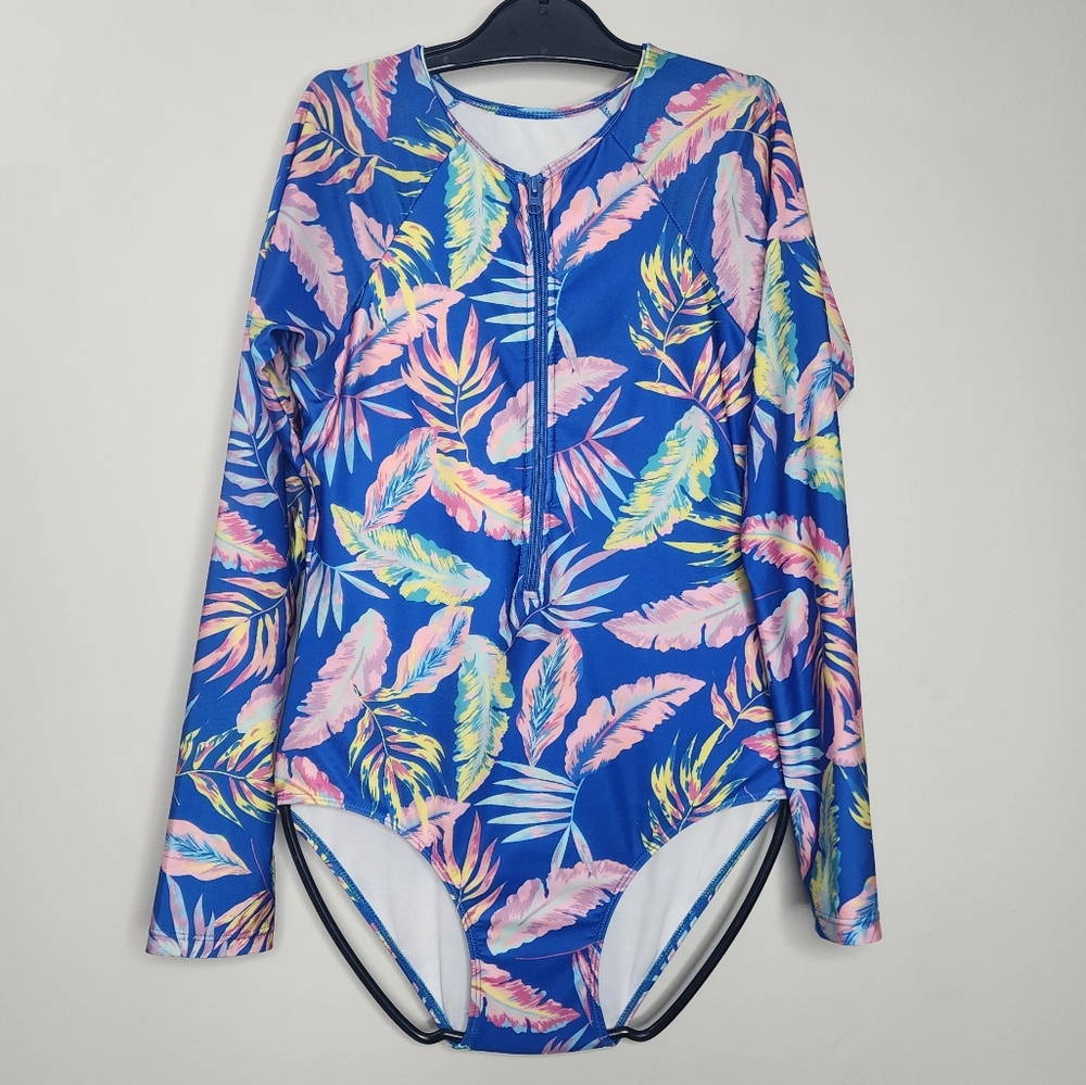 Sand Dollar Swim Rash Guard Medium Blue Floral Long Sleeve Swimsuit‎